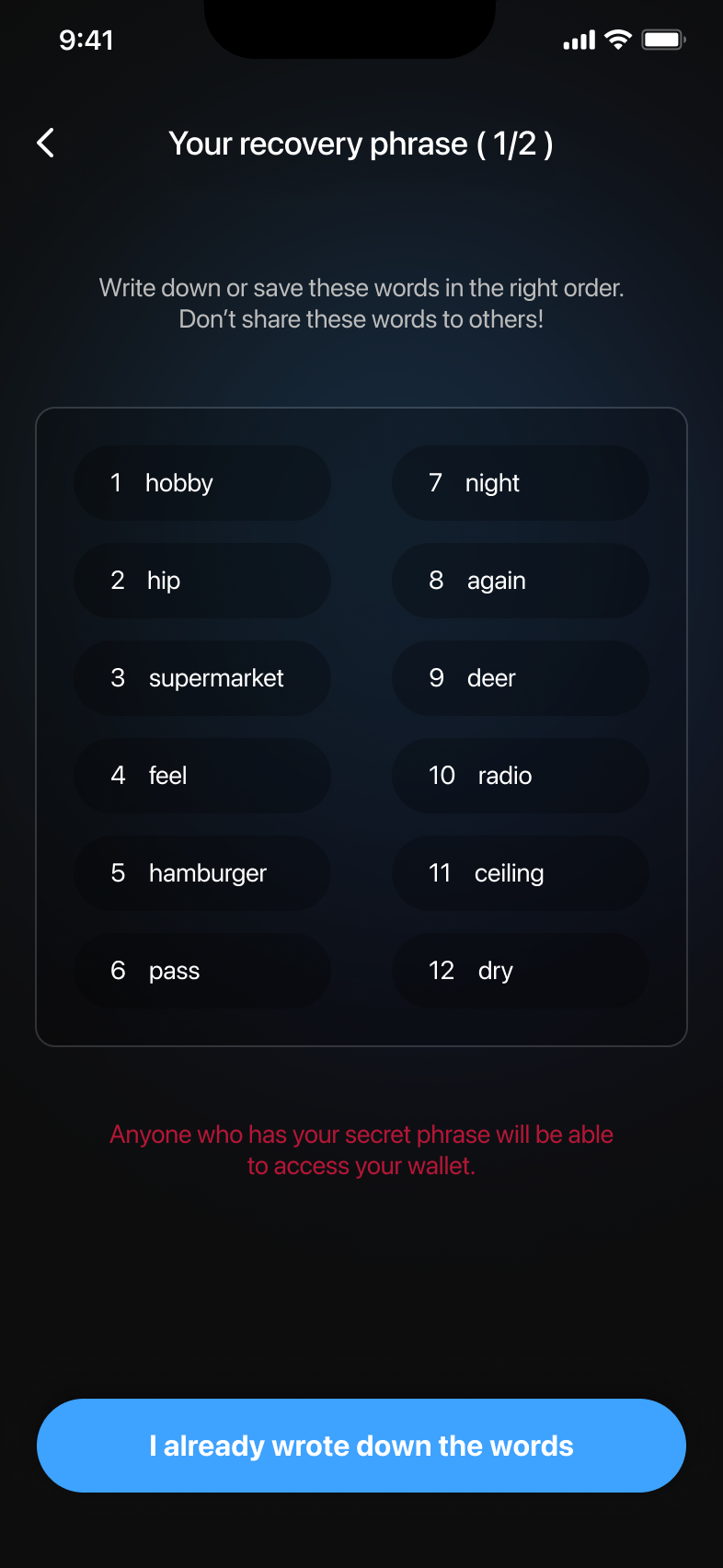 Write recovery phrase